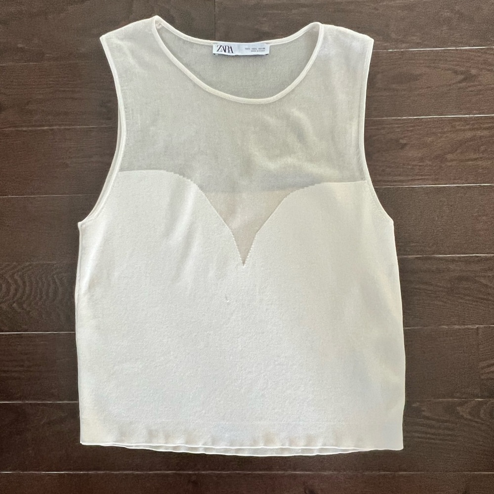 ZARA Sheer Sweetheart Neckline Tank Ivory Size L